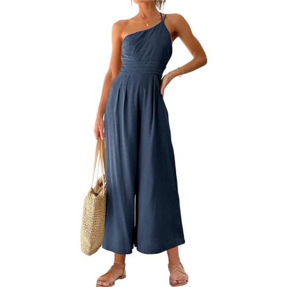 Women's Dark Blue One Shoulder High Waist Casual Wide‎ Leg Linen Jumpsuit Romper - Picture 1 of 7